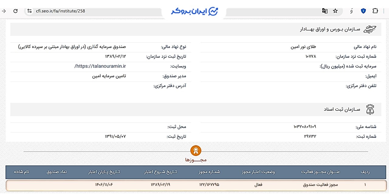 اطلاعات ثبتی طلای نور امین