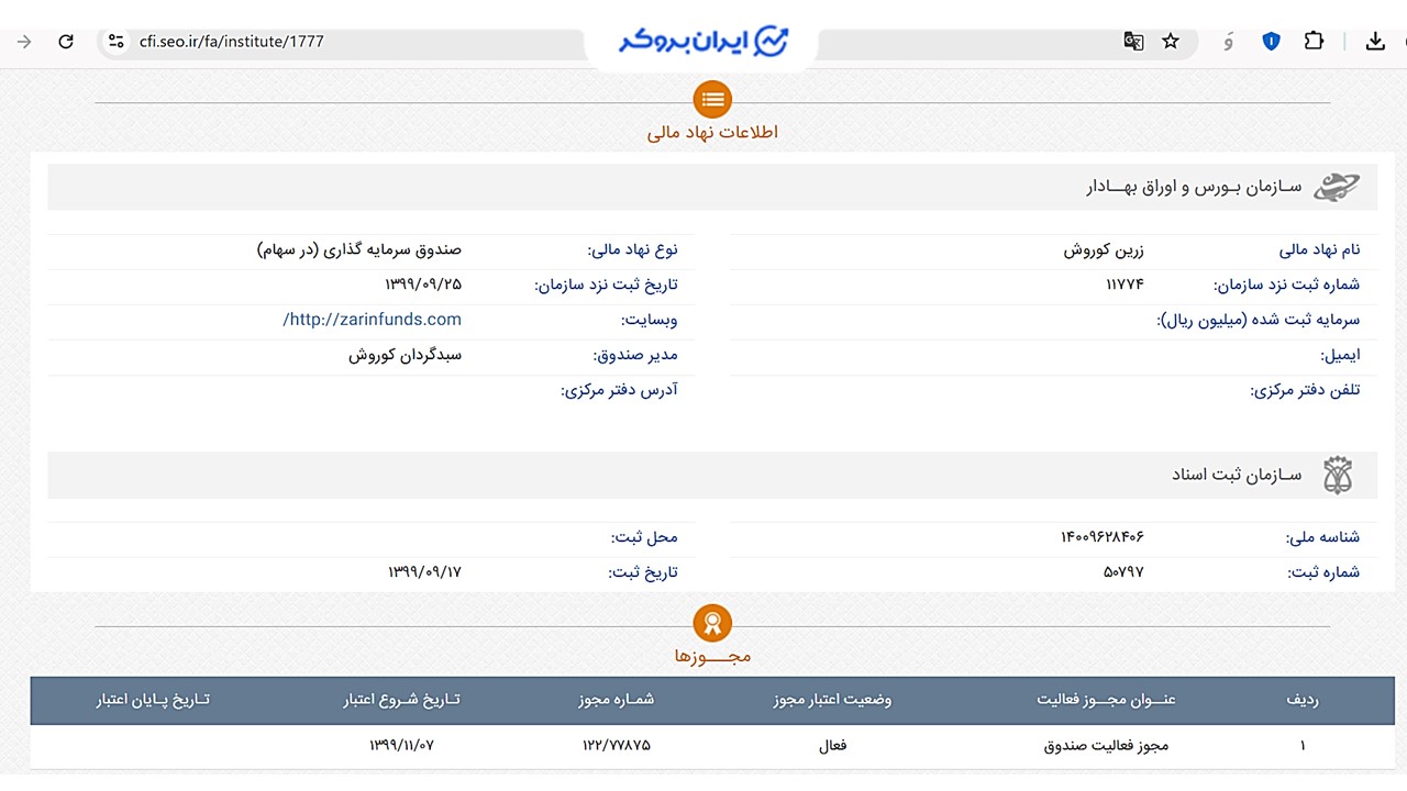اطلاعات ثبتی صندوق زرین کوروش