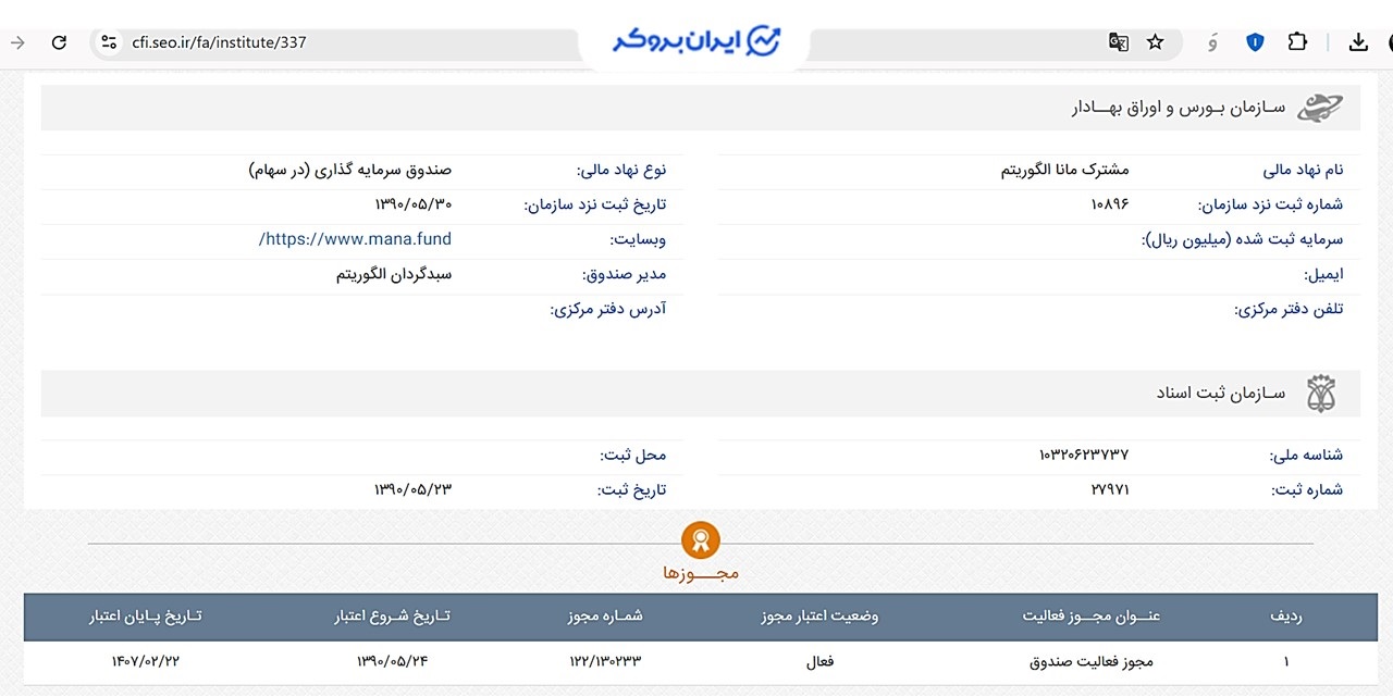 اطلاعات ثبتی صندوق سرمایه گذاری مشترک مانا الگوریتم