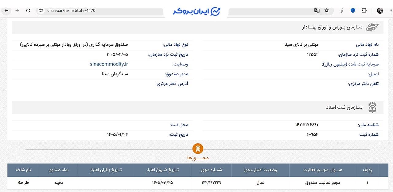 اطلاعات ثبتی صندوق طلای سینا