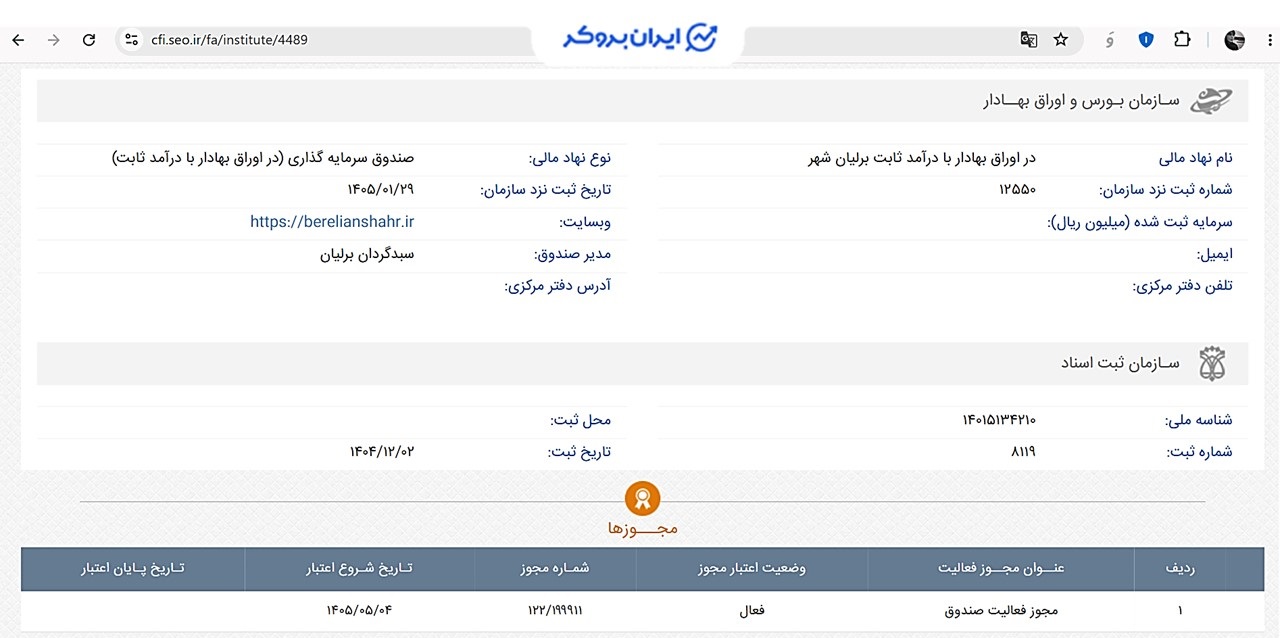 اطلاعات ثبتی صندوق سرمایه گذاری در اوراق بهادار با درآمد ثابت برلیان شهر