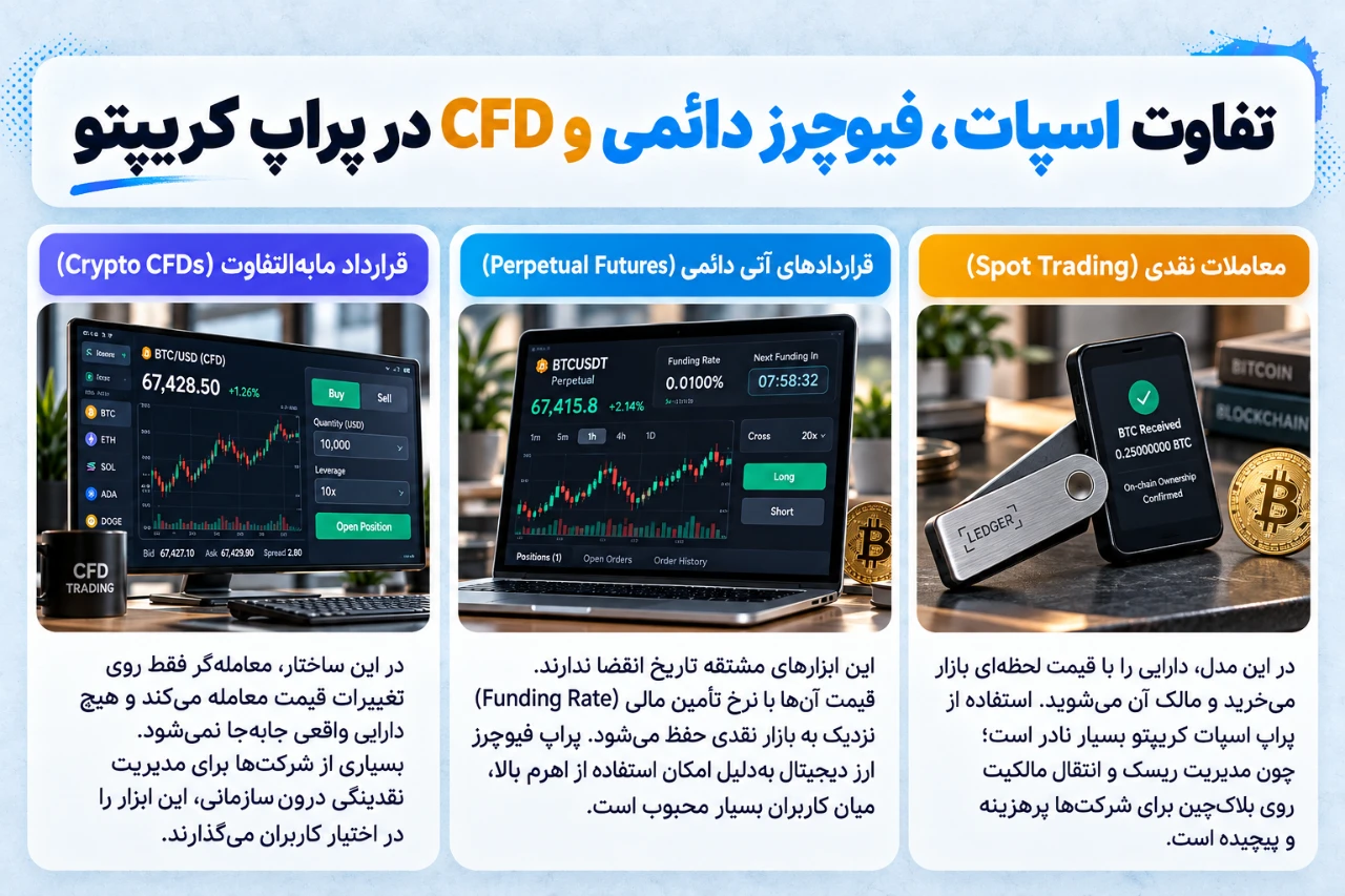 تفاوت اسپات، فیوچرز دائمی و CFD در پراپ کریپتو